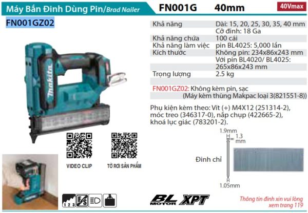 FN001GZ02 Máy Bắn Đinh Dùng Pin Makita (40MM/BL)(40V MAX) (không kèm pin sạc)