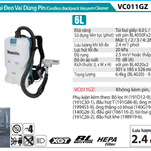 VC011GZ Máy Hút Bụi Đeo Vai Dùng Pin Makita